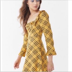 Urban Outfitters Kristen dress yellow black plaid ruffle square neck